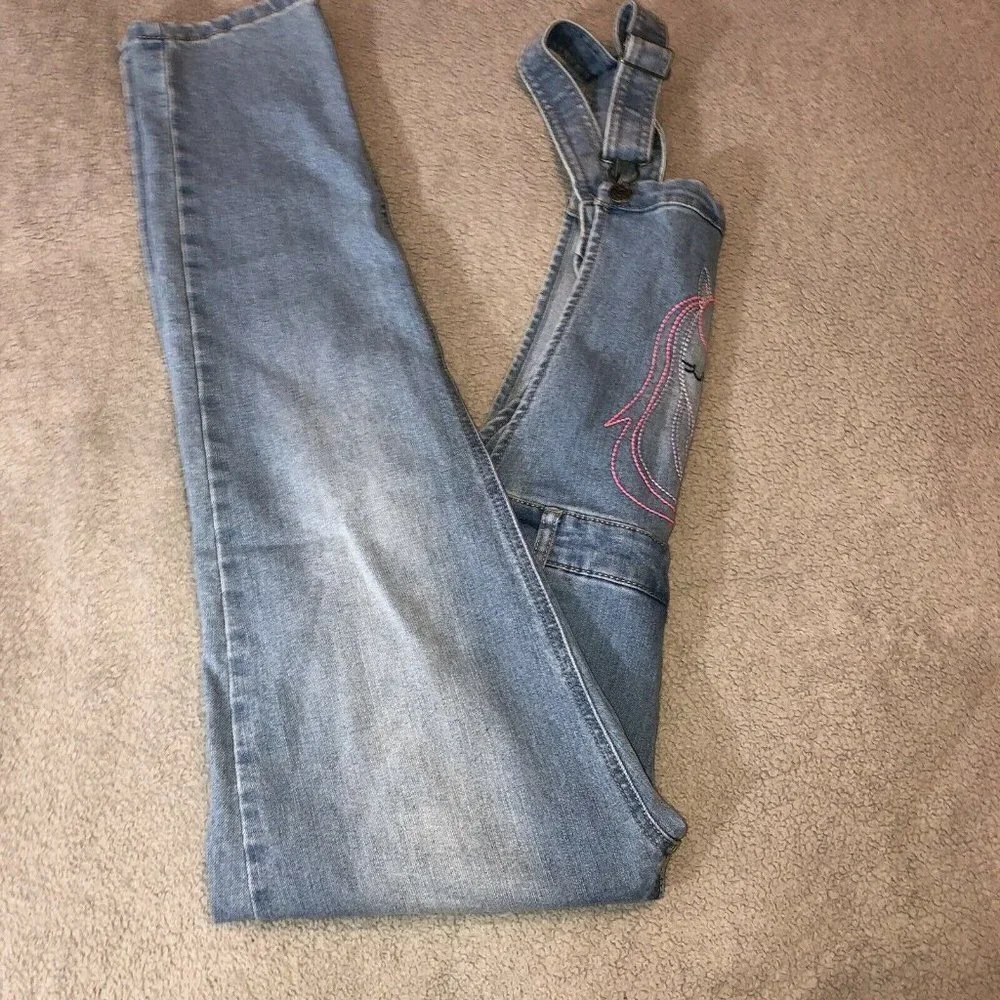 CAT & JACK Girls Embroidered Unicorn Denim Overalls Sz XL 14-16